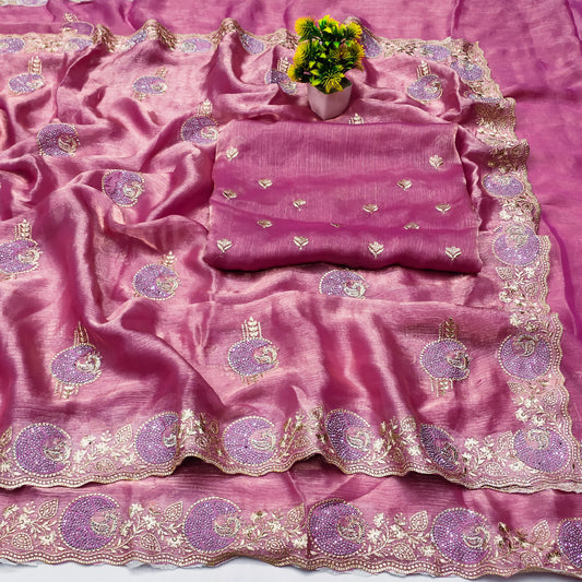 DF-CHAND FENDI CHIFFON SAREE WITH BEAUTIFUL CHAND DESIGN WITH EMBROIDERY WORK WITH SIROSKI WORK