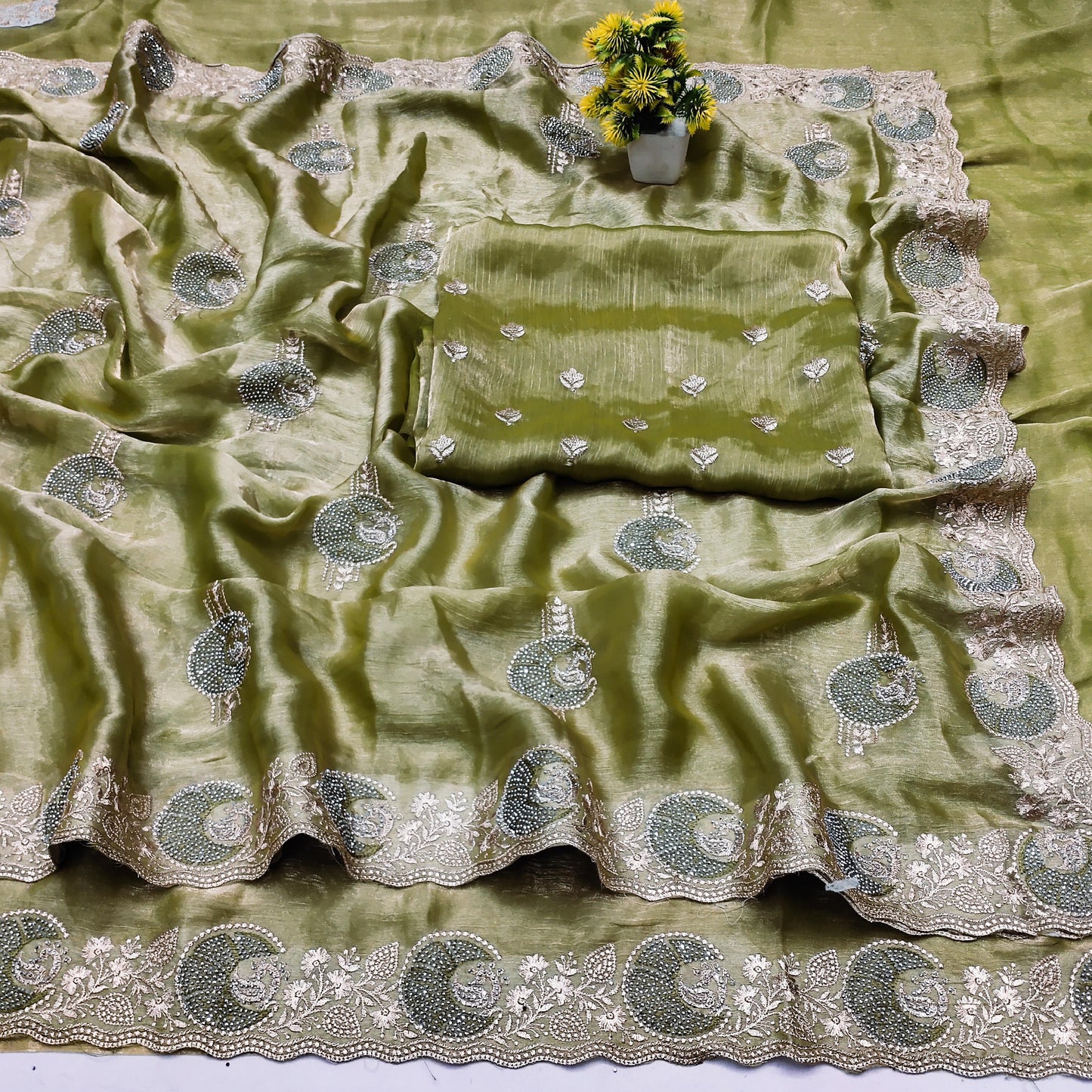 DF-CHAND FENDI CHIFFON SAREE WITH BEAUTIFUL CHAND DESIGN WITH EMBROIDERY WORK WITH SIROSKI WORK
