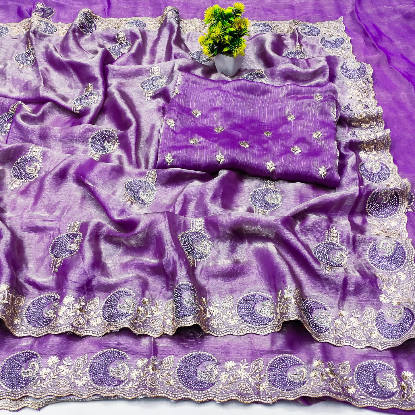 DF-CHAND FENDI CHIFFON SAREE WITH BEAUTIFUL CHAND DESIGN WITH EMBROIDERY WORK WITH SIROSKI WORK