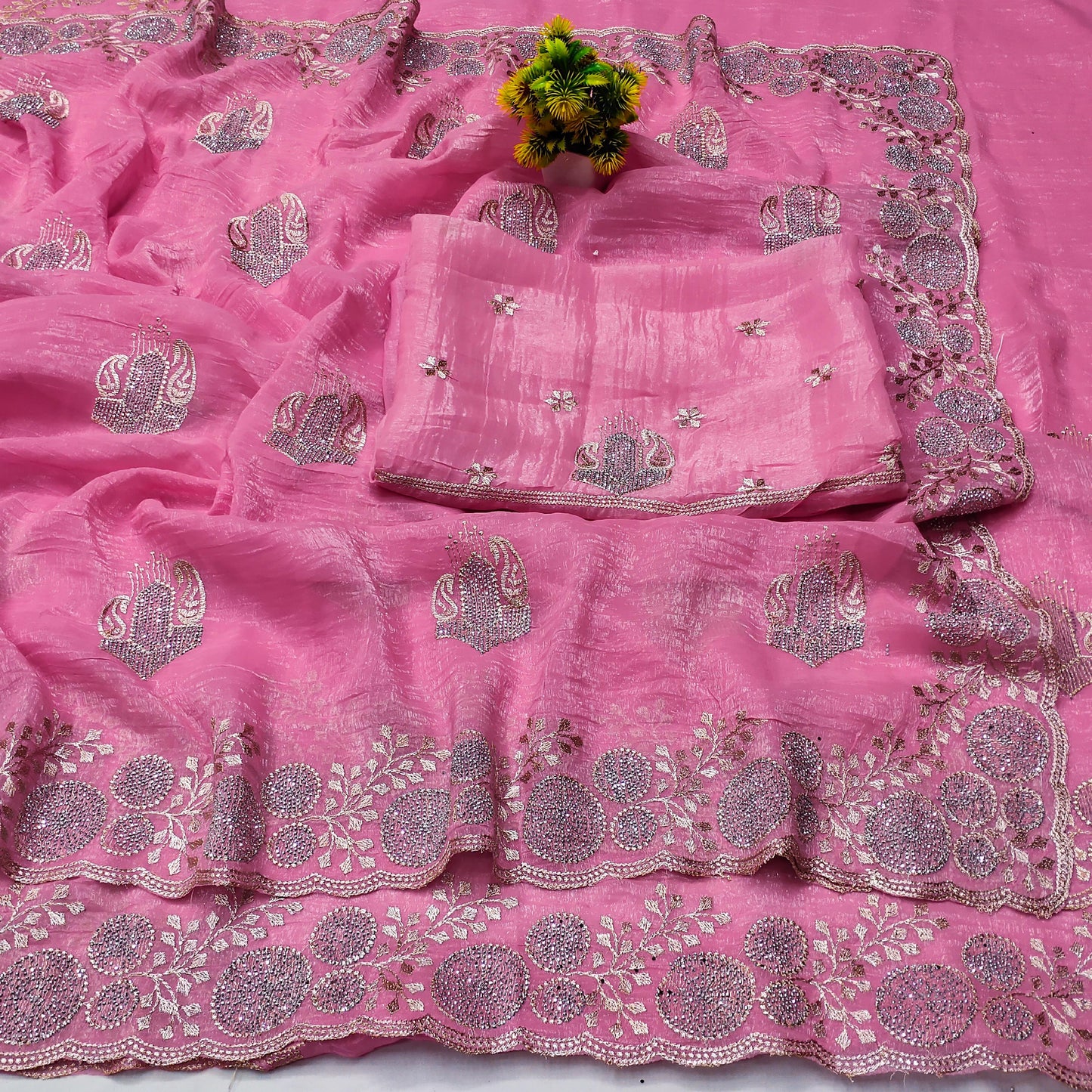 DF-MONIKA PREMIUM CRUNCHY SAREE WITH BEAUTIFUL EMBORIDERY AND SIROSKI WORK WITH HEAVY BLOUSE