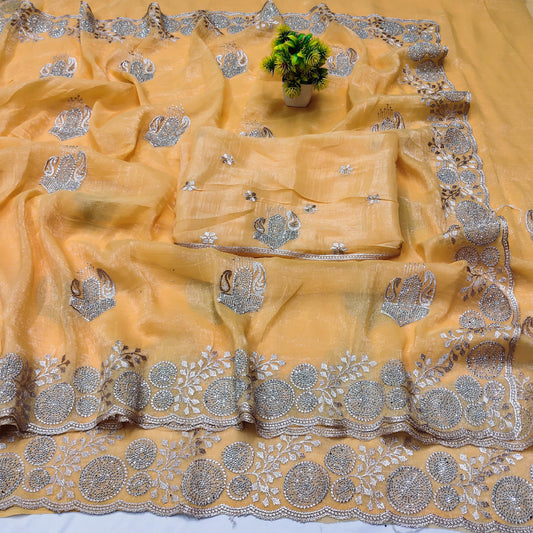 DF-MONIKA PREMIUM CRUNCHY SAREE WITH BEAUTIFUL EMBORIDERY AND SIROSKI WORK WITH HEAVY BLOUSE