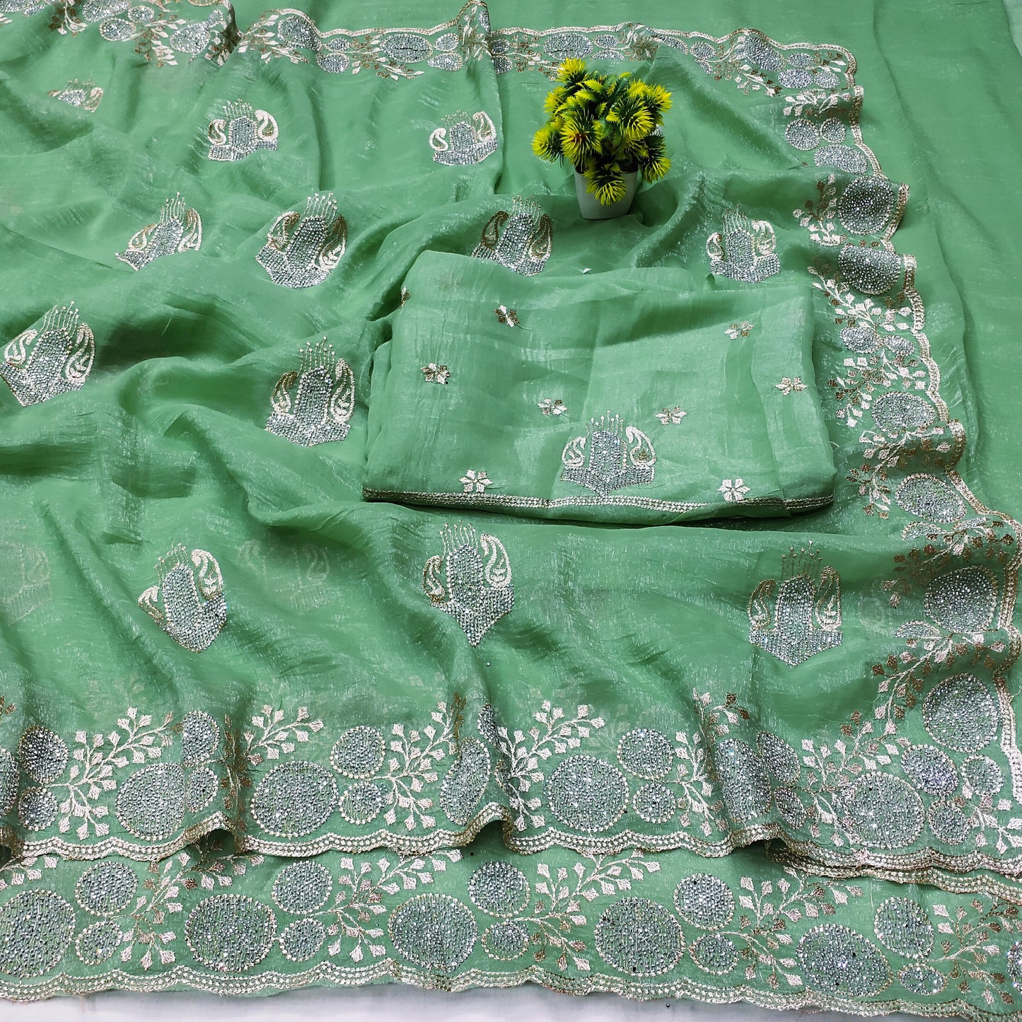 DF-MONIKA PREMIUM CRUNCHY SAREE WITH BEAUTIFUL EMBORIDERY AND SIROSKI WORK WITH HEAVY BLOUSE