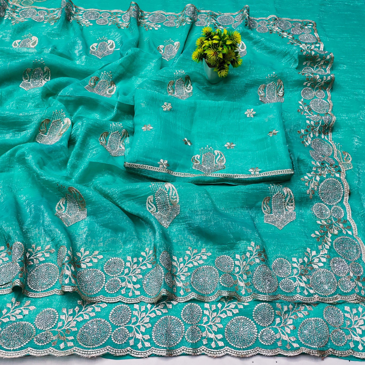 DF-MONIKA PREMIUM CRUNCHY SAREE WITH BEAUTIFUL EMBORIDERY AND SIROSKI WORK WITH HEAVY BLOUSE
