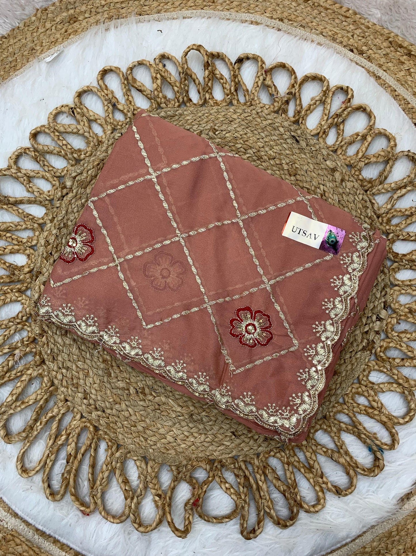 KAS-UTSAV 7 STAR GEORGETTE SAREE WITH JAREE WORK SEQUENCE AND THREAD WORK WITH BOX WITH FLOWER DESIGN ALL OVER