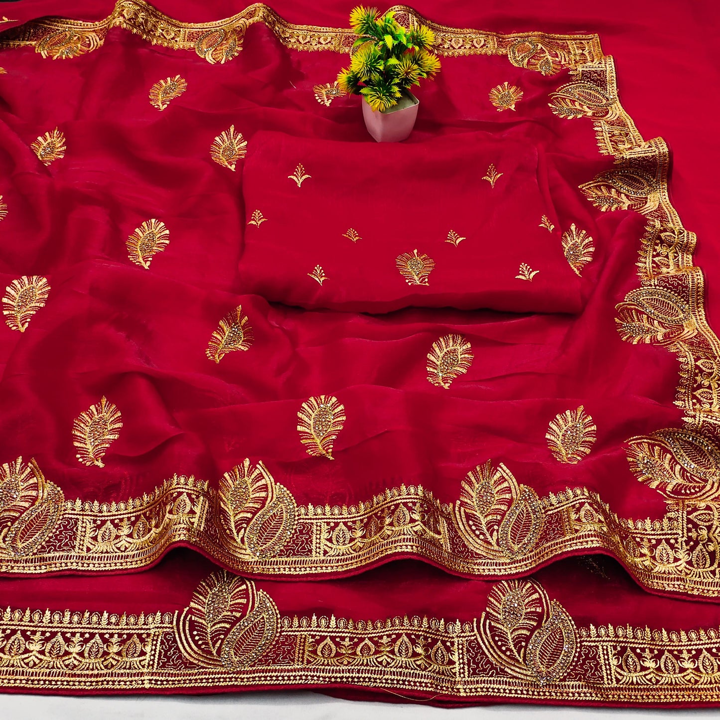 DF-SHANDAR MULMUL CHIFFON SAREE WITH BEAUTIFUL EMBORIDERY WORK WITH MORPANKH DESIGN WITH JARKAN WORK ALL OVER
