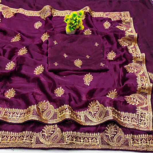 DF-SHANDAR MULMUL CHIFFON SAREE WITH BEAUTIFUL EMBORIDERY WORK WITH MORPANKH DESIGN WITH JARKAN WORK ALL OVER