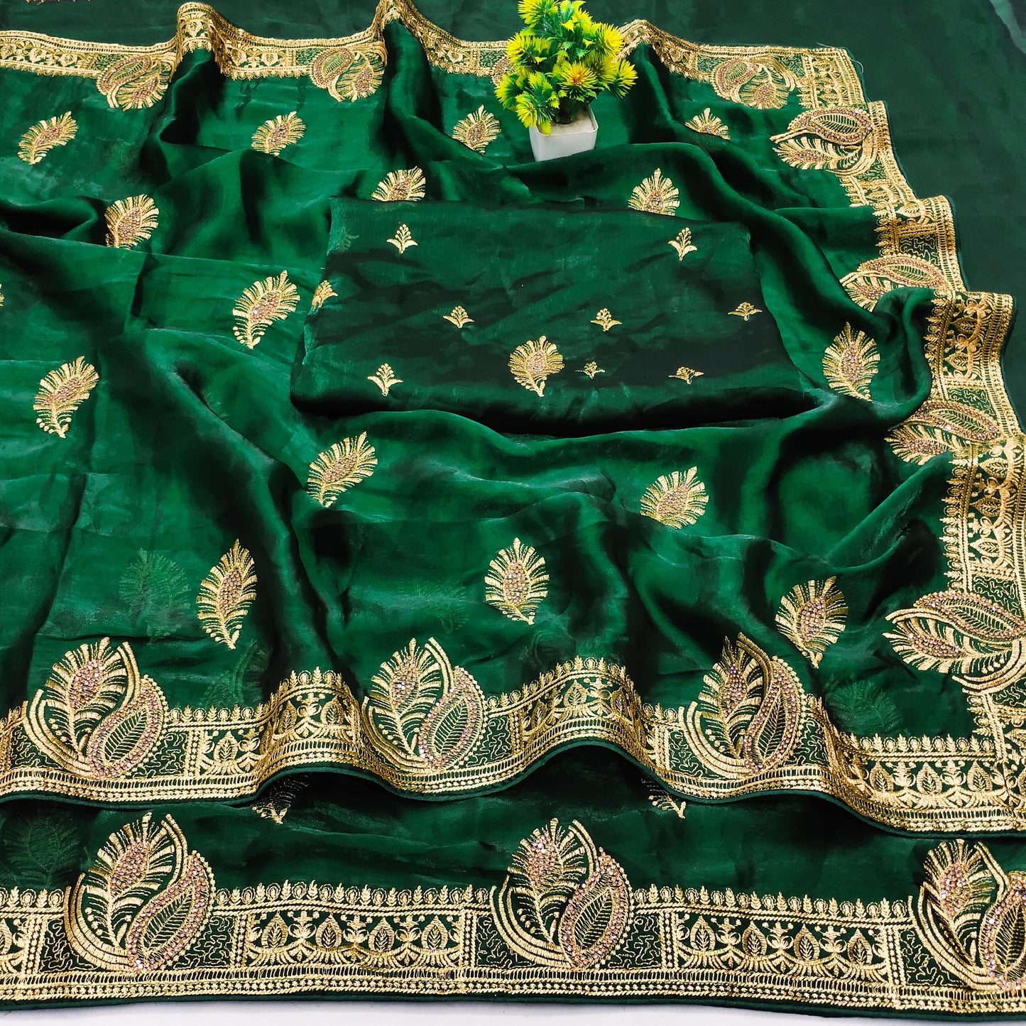 DF-SHANDAR MULMUL CHIFFON SAREE WITH BEAUTIFUL EMBORIDERY WORK WITH MORPANKH DESIGN WITH JARKAN WORK ALL OVER
