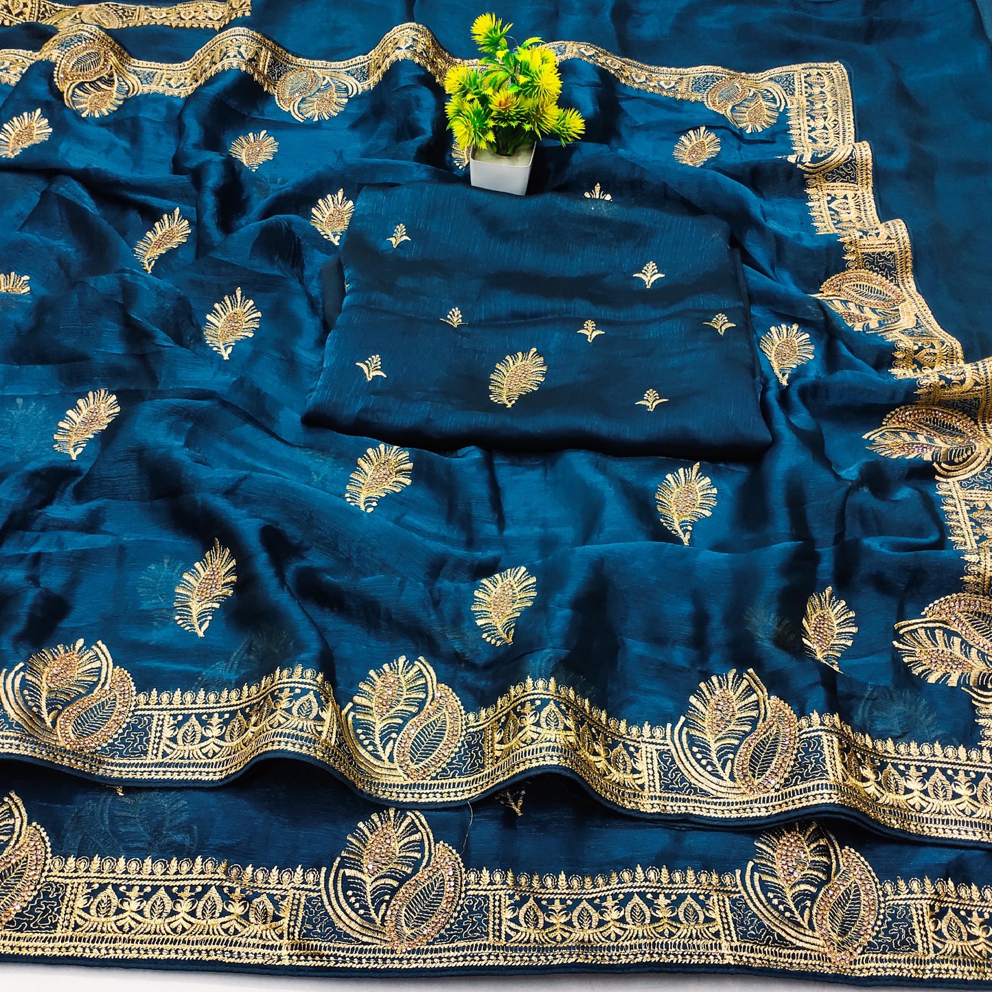 DF-SHANDAR MULMUL CHIFFON SAREE WITH BEAUTIFUL EMBORIDERY WORK WITH MORPANKH DESIGN WITH JARKAN WORK ALL OVER
