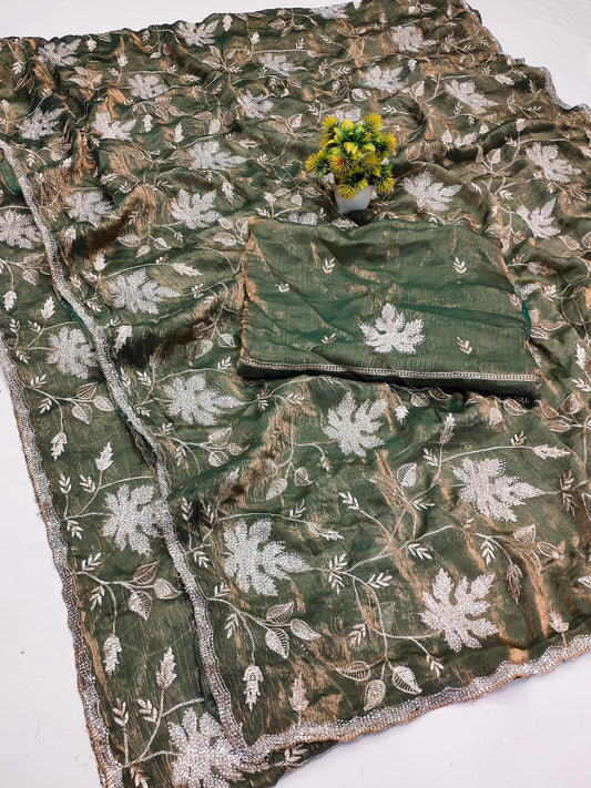 DF-JUNGLE FENDI GOLD SAREE WITH TWO TONE EFFECT WITH EMBORIDERY JHAL WORK ALL OVER WITH SIROSKI WORK