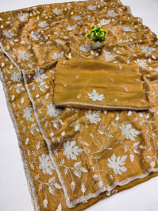 DF-JUNGLE FENDI GOLD SAREE WITH TWO TONE EFFECT WITH EMBORIDERY JHAL WORK ALL OVER WITH SIROSKI WORK