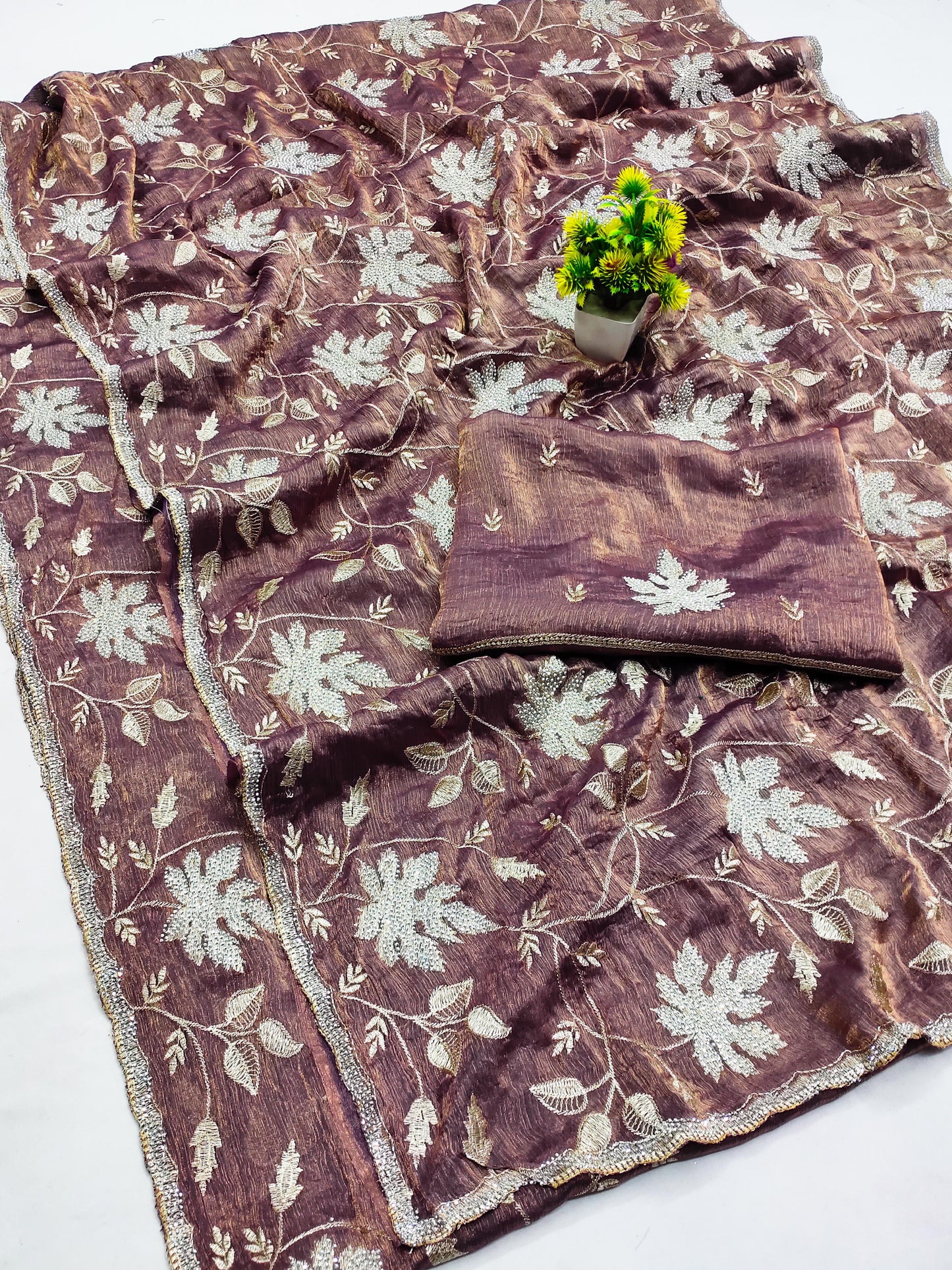 DF-JUNGLE FENDI GOLD SAREE WITH TWO TONE EFFECT WITH EMBORIDERY JHAL WORK ALL OVER WITH SIROSKI WORK