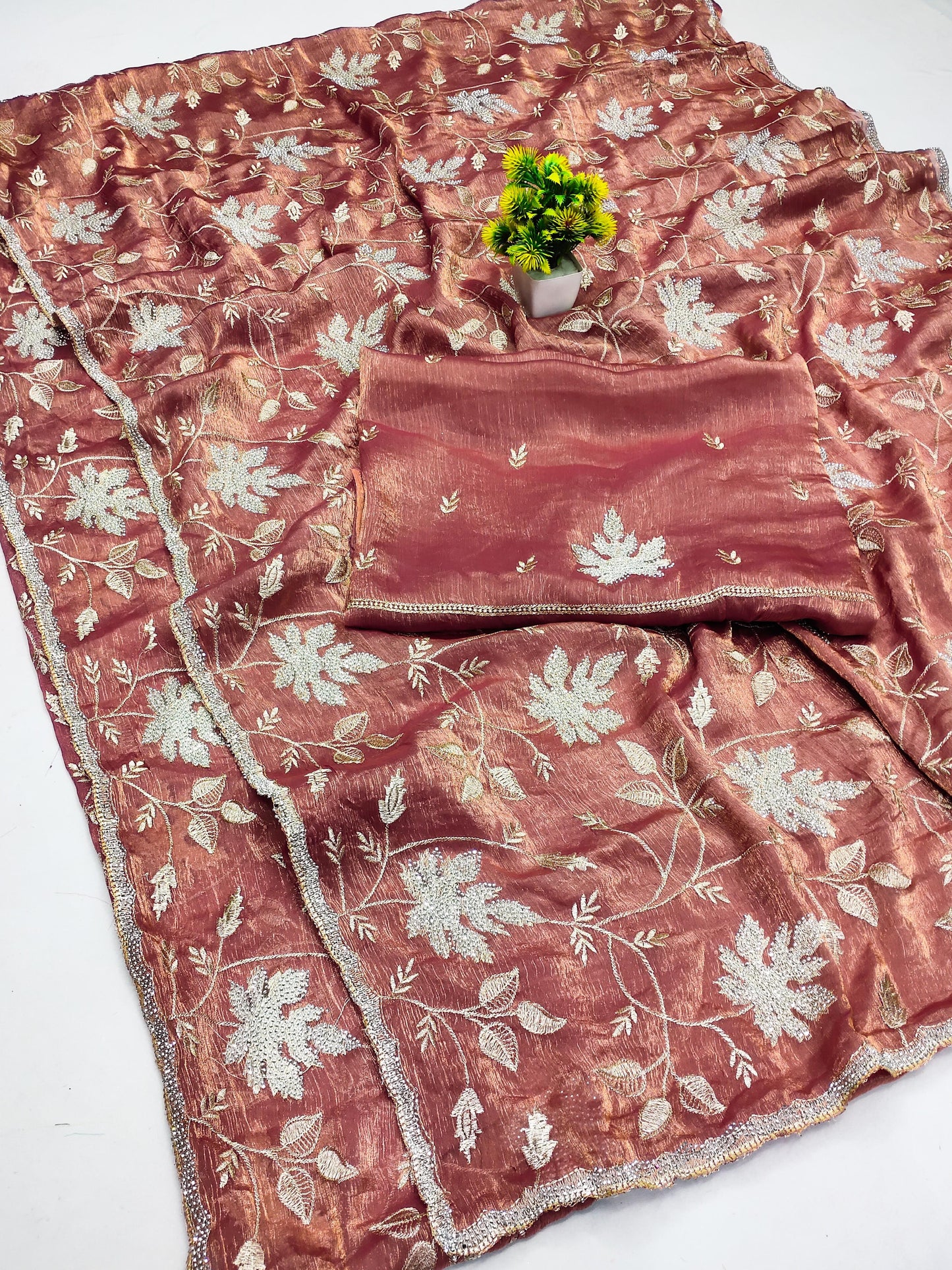 DF-JUNGLE FENDI GOLD SAREE WITH TWO TONE EFFECT WITH EMBORIDERY JHAL WORK ALL OVER WITH SIROSKI WORK