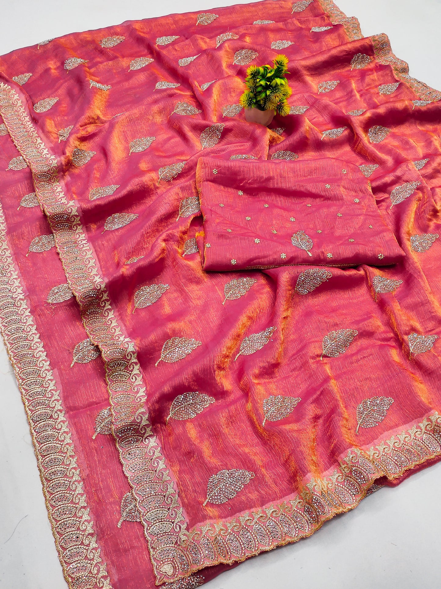 DF-DUBAI FENDI SPACE SILK SAREE WITH BEAUTIFUL SIROSKI EMOBIRDERY BORDER WITH LEAF DESIGN ON BODY WITH HEAVY BLOUSE