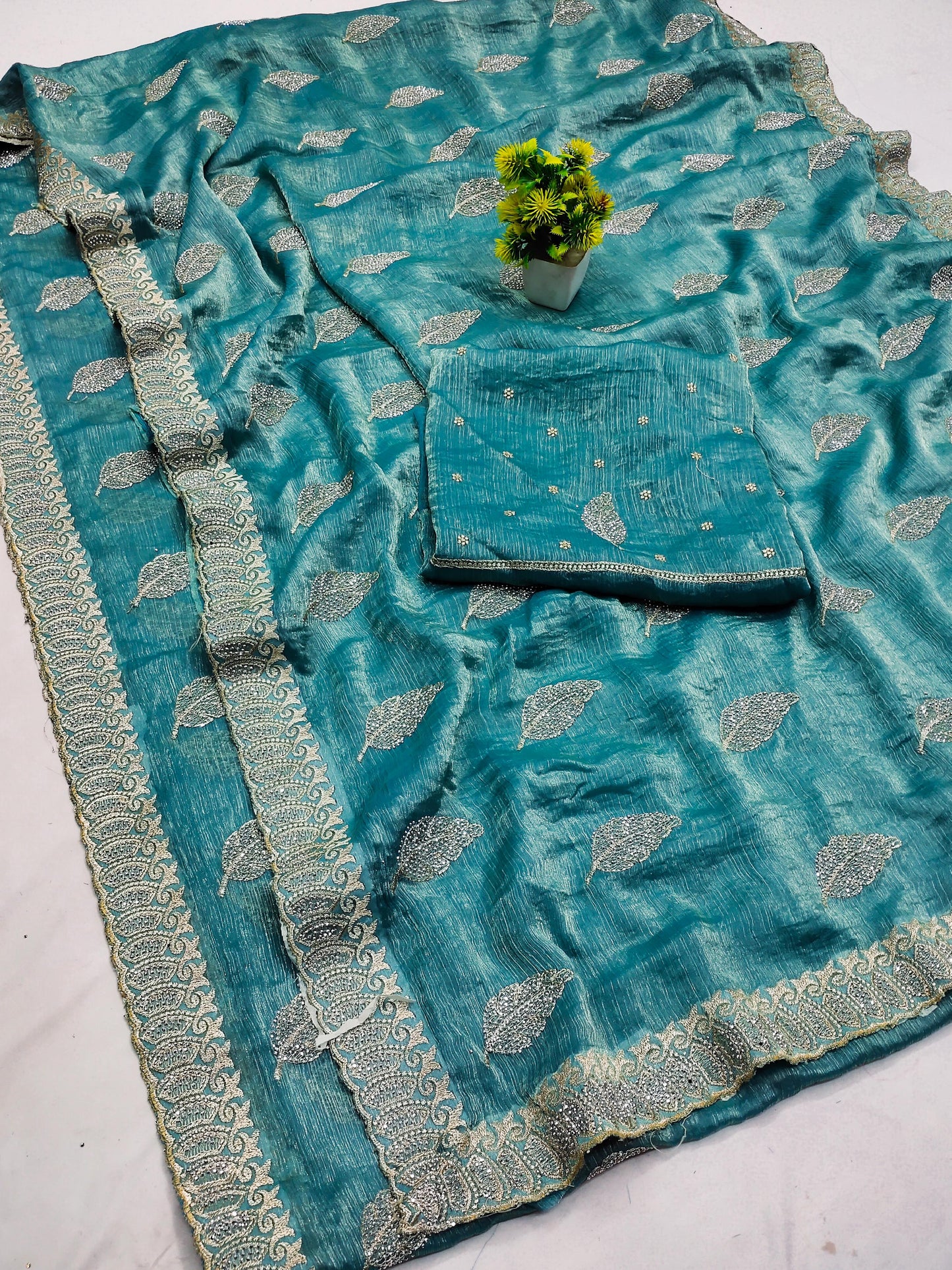 DF-DUBAI FENDI SPACE SILK SAREE WITH BEAUTIFUL SIROSKI EMOBIRDERY BORDER WITH LEAF DESIGN ON BODY WITH HEAVY BLOUSE