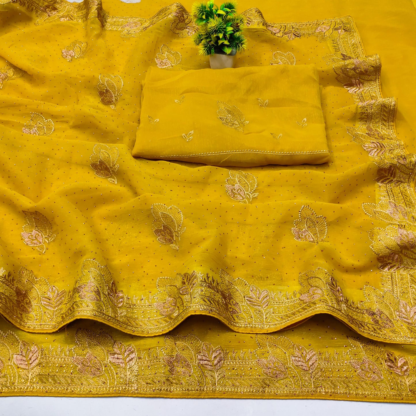 DF-KIA SIMMER SAREE WITH EMBORIDERY LEAF DEISGN WITH SIROSKI ALL OVER WITH HEAVY BLOUSE