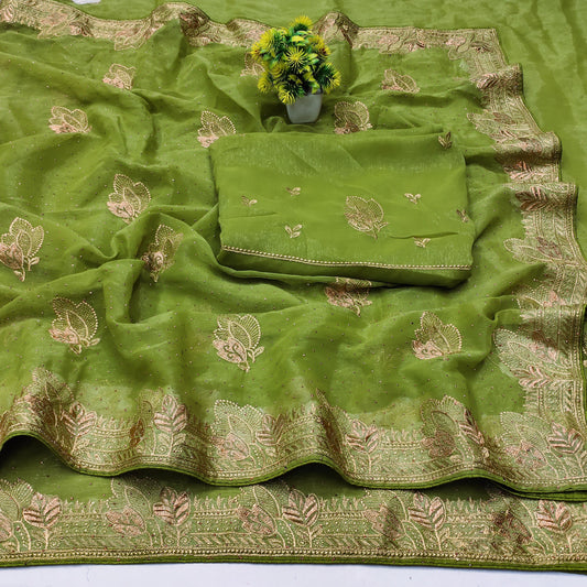 DF-KIA SIMMER SAREE WITH EMBORIDERY LEAF DEISGN WITH SIROSKI ALL OVER WITH HEAVY BLOUSE