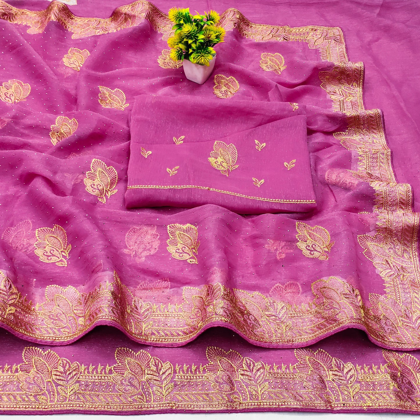 DF-KIA SIMMER SAREE WITH EMBORIDERY LEAF DEISGN WITH SIROSKI ALL OVER WITH HEAVY BLOUSE