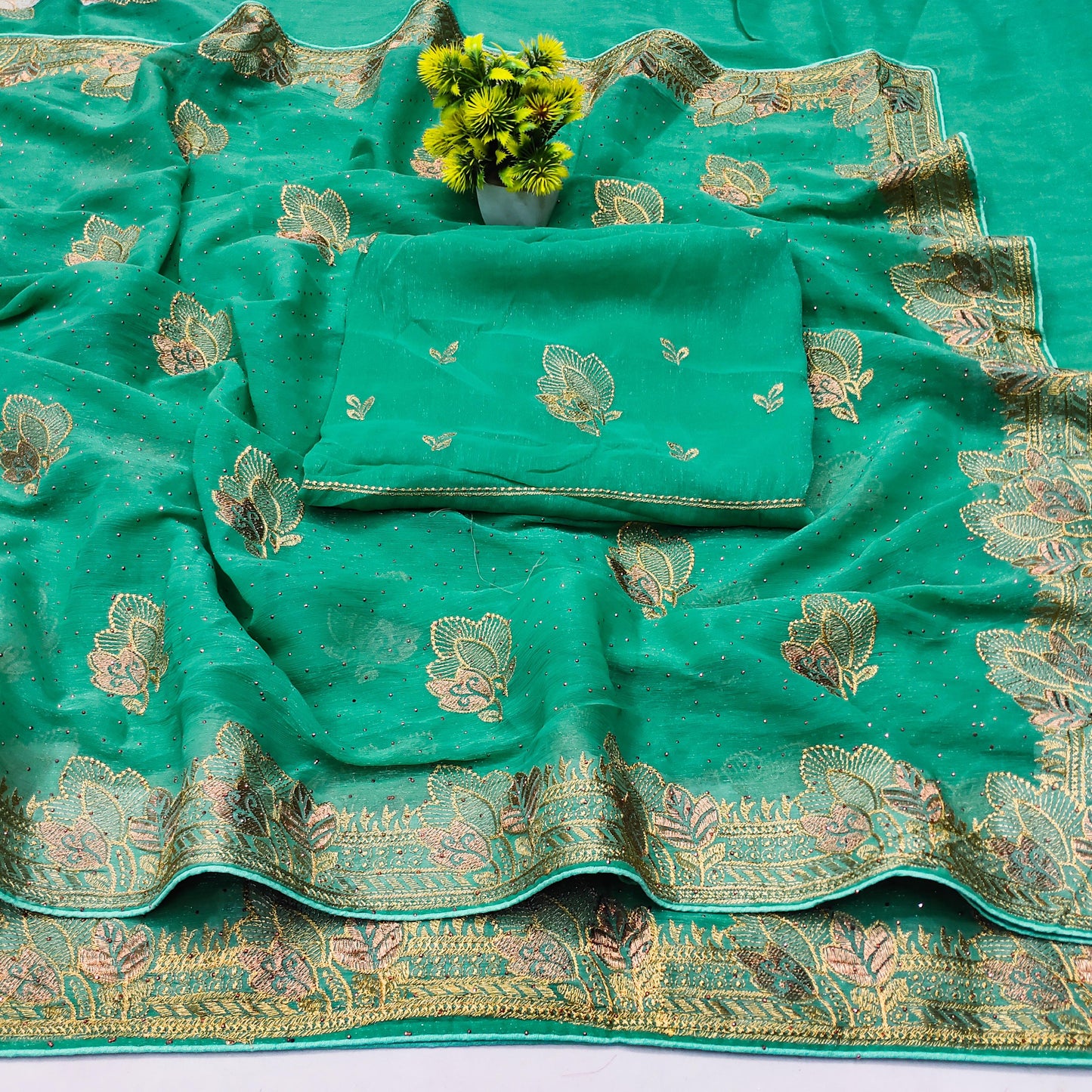 DF-KIA SIMMER SAREE WITH EMBORIDERY LEAF DEISGN WITH SIROSKI ALL OVER WITH HEAVY BLOUSE