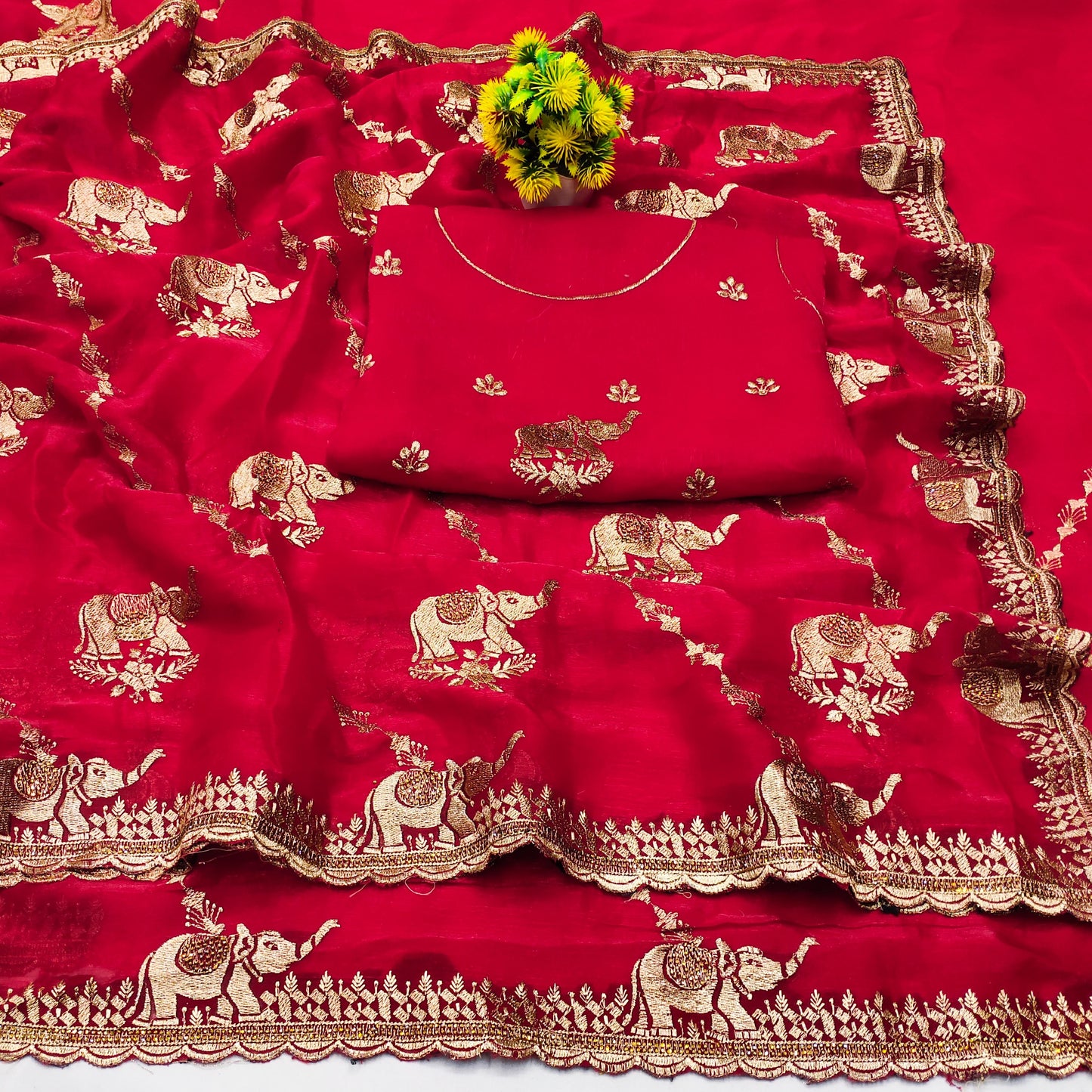 DF-GAJRAJ FANCY FENDI SAREE WITH BEAUTIFUL GAJRAJ EMBORIDERY WORK WITH LAHERIA DESIGN WITH DMC DIAMOND