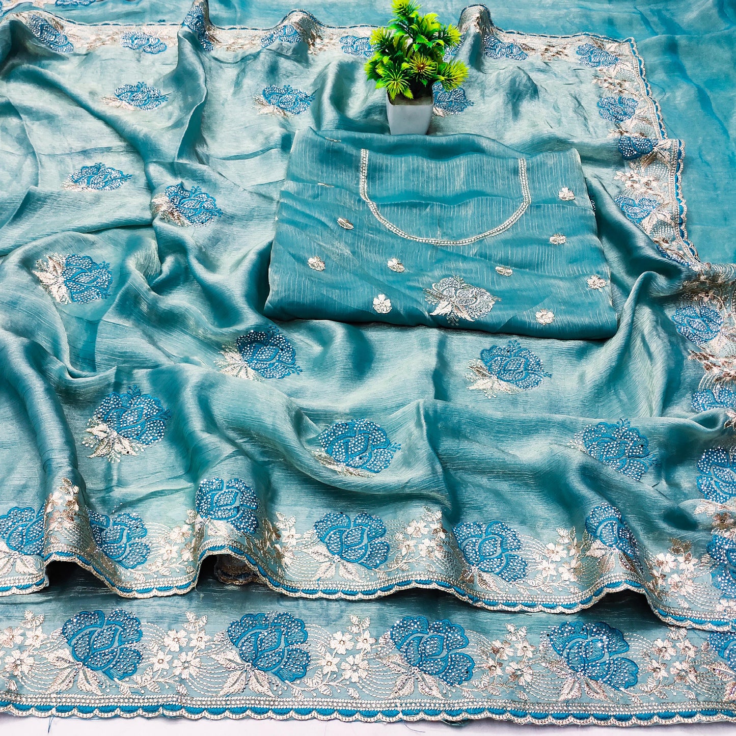 DF-VIRAT FENDI CHIFFON SAREE WITH THREAD WORK AND EMBROIDERY WORK AND SIROSKI WORK WITH HEAVY BLOUSE