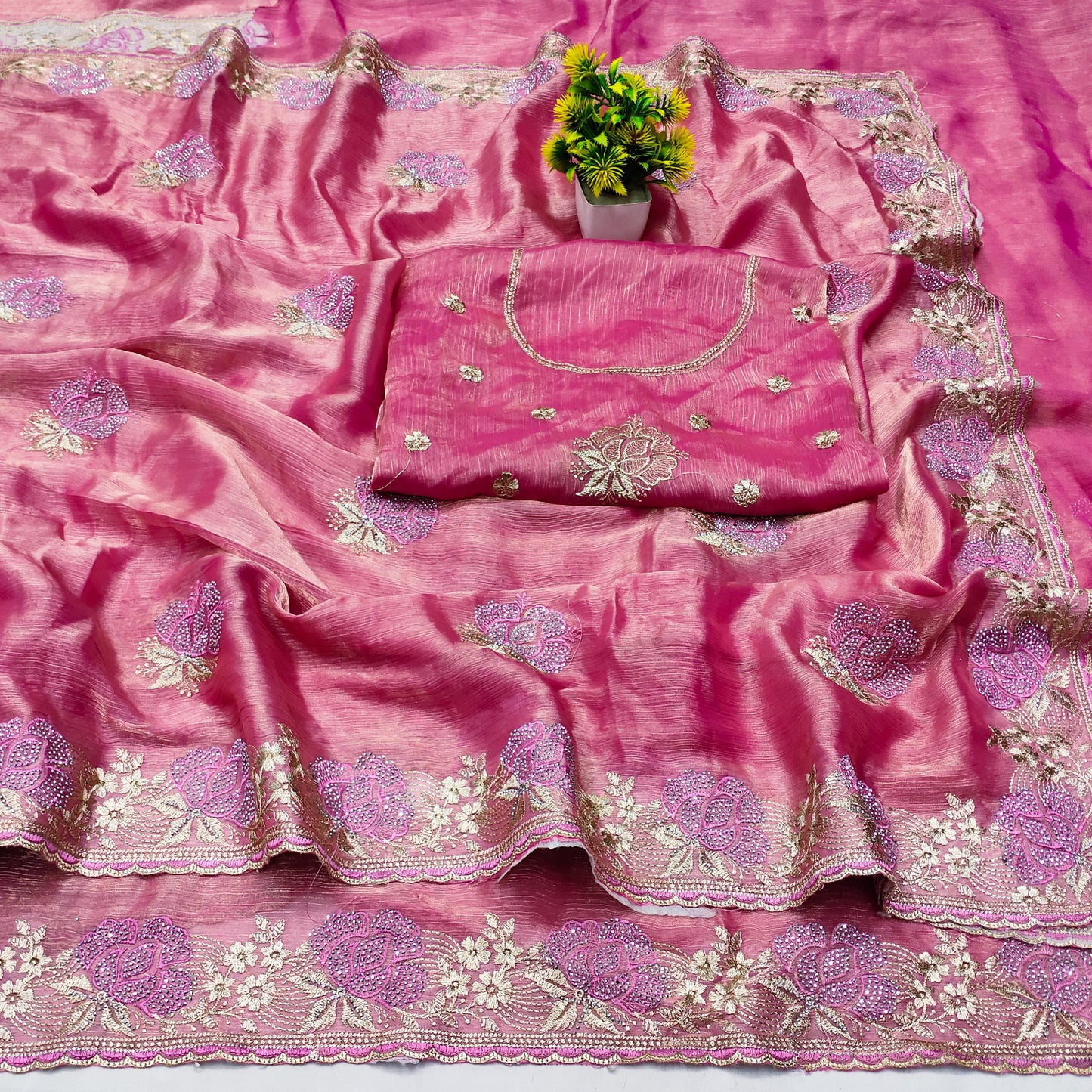 DF-VIRAT FENDI CHIFFON SAREE WITH THREAD WORK AND EMBROIDERY WORK AND SIROSKI WORK WITH HEAVY BLOUSE