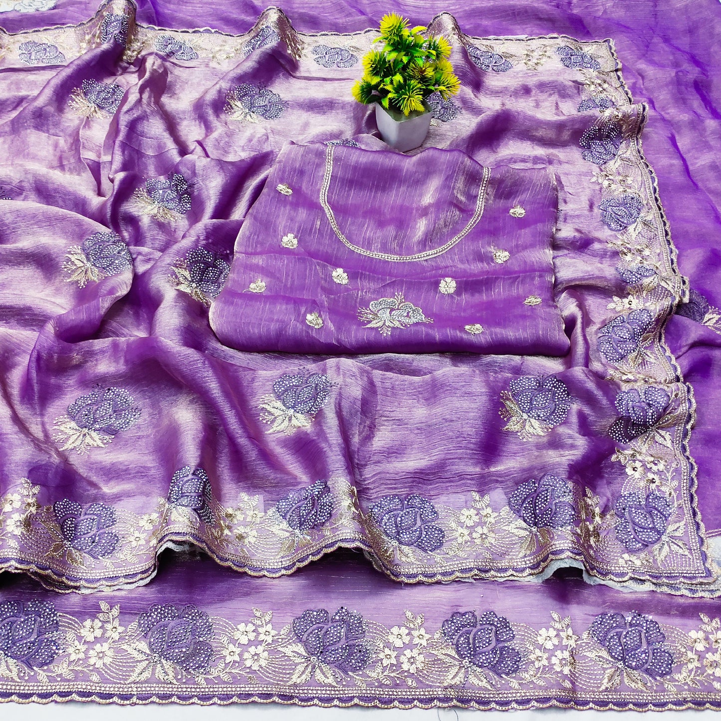 DF-VIRAT FENDI CHIFFON SAREE WITH THREAD WORK AND EMBROIDERY WORK AND SIROSKI WORK WITH HEAVY BLOUSE