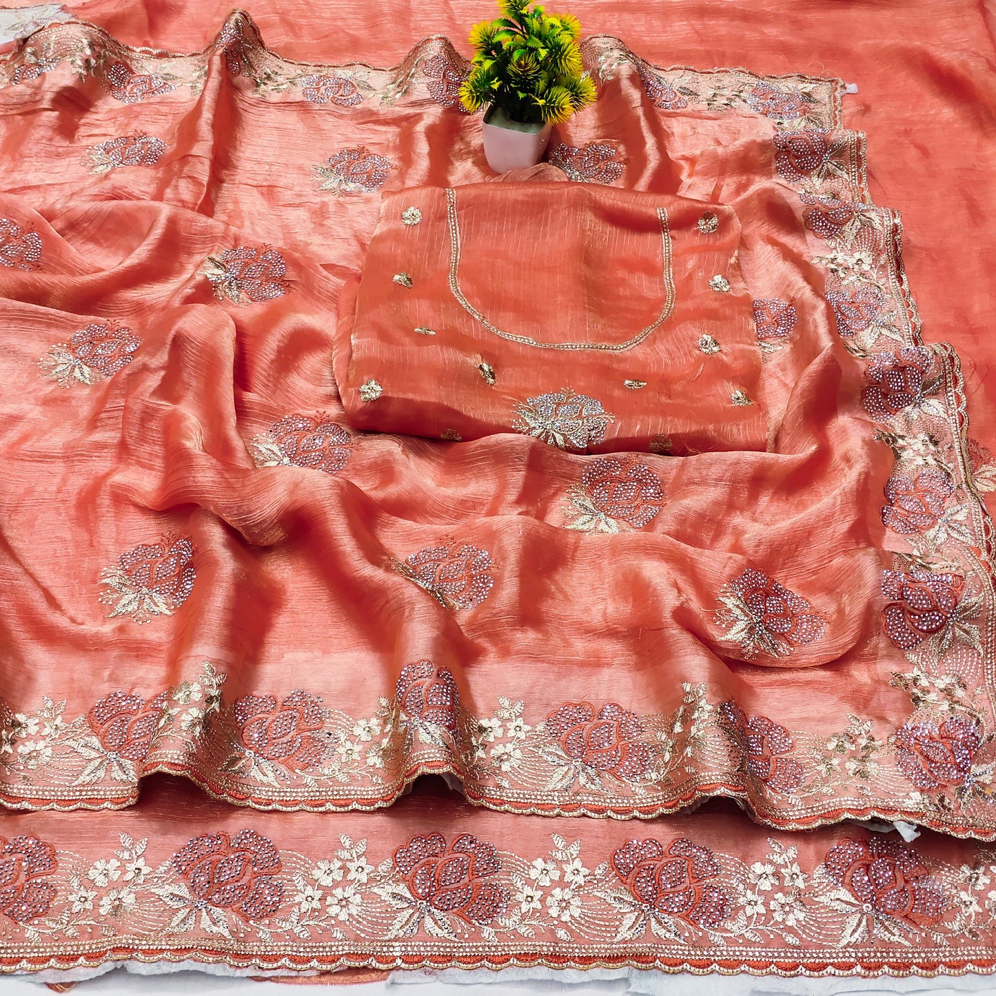 DF-VIRAT FENDI CHIFFON SAREE WITH THREAD WORK AND EMBROIDERY WORK AND SIROSKI WORK WITH HEAVY BLOUSE