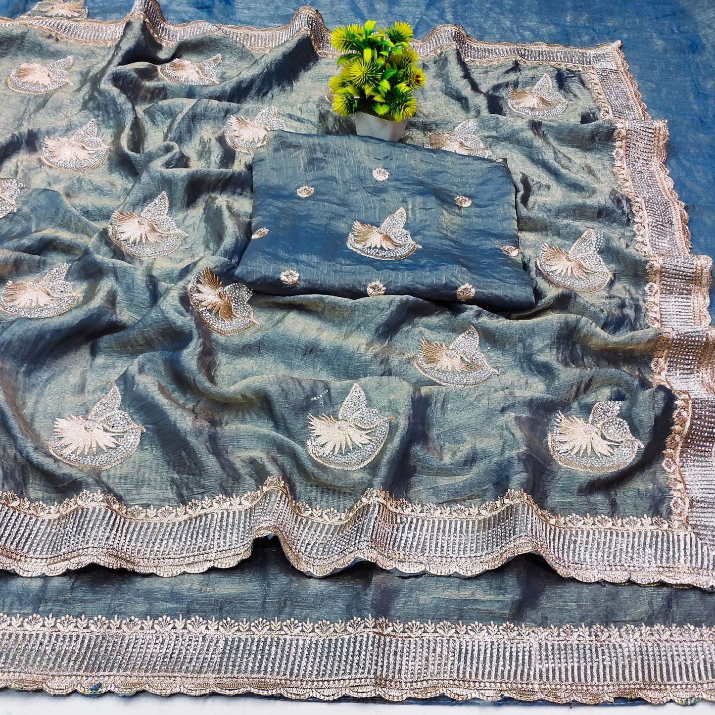 DF-SUPERSTAR FENDI CHIFFON SAREE WITH BEAUTIFUL BORDER WITH CUTOWORK WITH BEAUTIFUL BUTTA WITH HEAVY BLOUSE