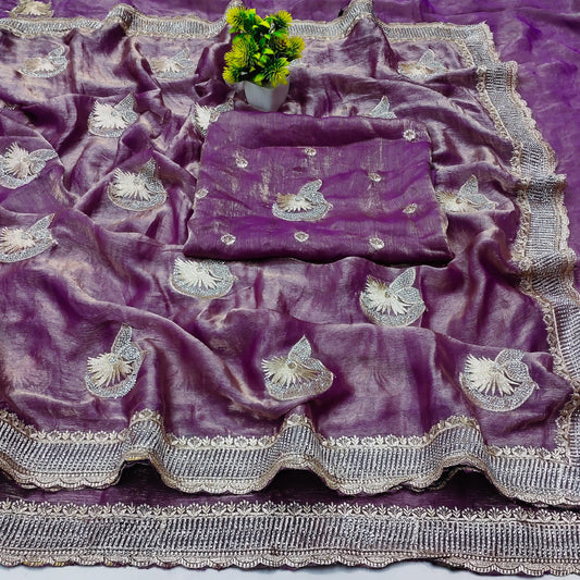 DF-SUPERSTAR FENDI CHIFFON SAREE WITH BEAUTIFUL BORDER WITH CUTOWORK WITH BEAUTIFUL BUTTA WITH HEAVY BLOUSE