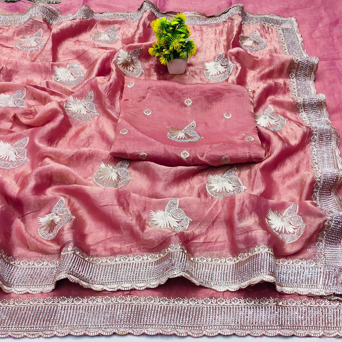 DF-SUPERSTAR FENDI CHIFFON SAREE WITH BEAUTIFUL BORDER WITH CUTOWORK WITH BEAUTIFUL BUTTA WITH HEAVY BLOUSE