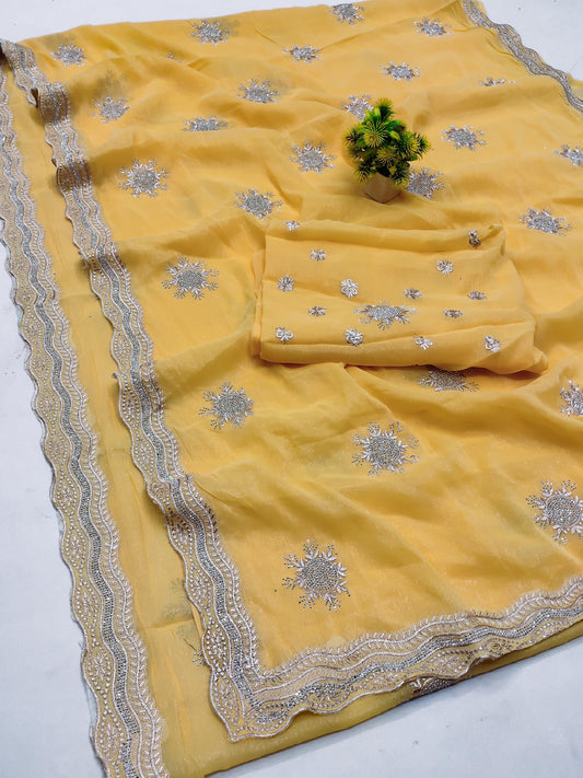 DF-Kanpur PREMIUM SIMMER WITH BEAUTIFUL EMBORIDERY WORK WITH UNIQUE BORDER WITH SIROSKI WORK WITH HEAVY BLOUSE