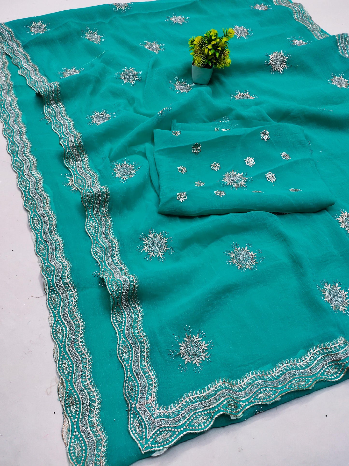 DF-Kanpur PREMIUM SIMMER WITH BEAUTIFUL EMBORIDERY WORK WITH UNIQUE BORDER WITH SIROSKI WORK WITH HEAVY BLOUSE