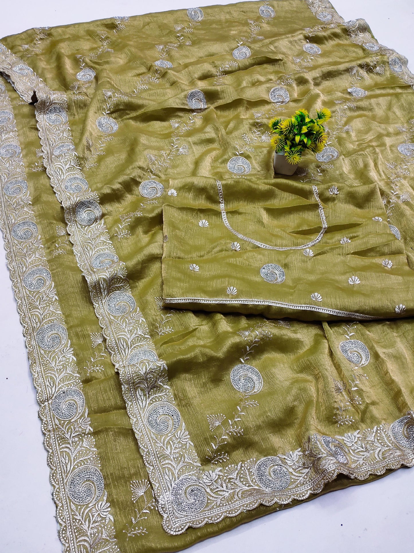 DF-AGRA FENDI CHIFFON SAREE WITH EMBORIDERY WORK WITH LAHERIA TOUCH UP WITH SIROSKI WORK AND HEAVY BLOUSE