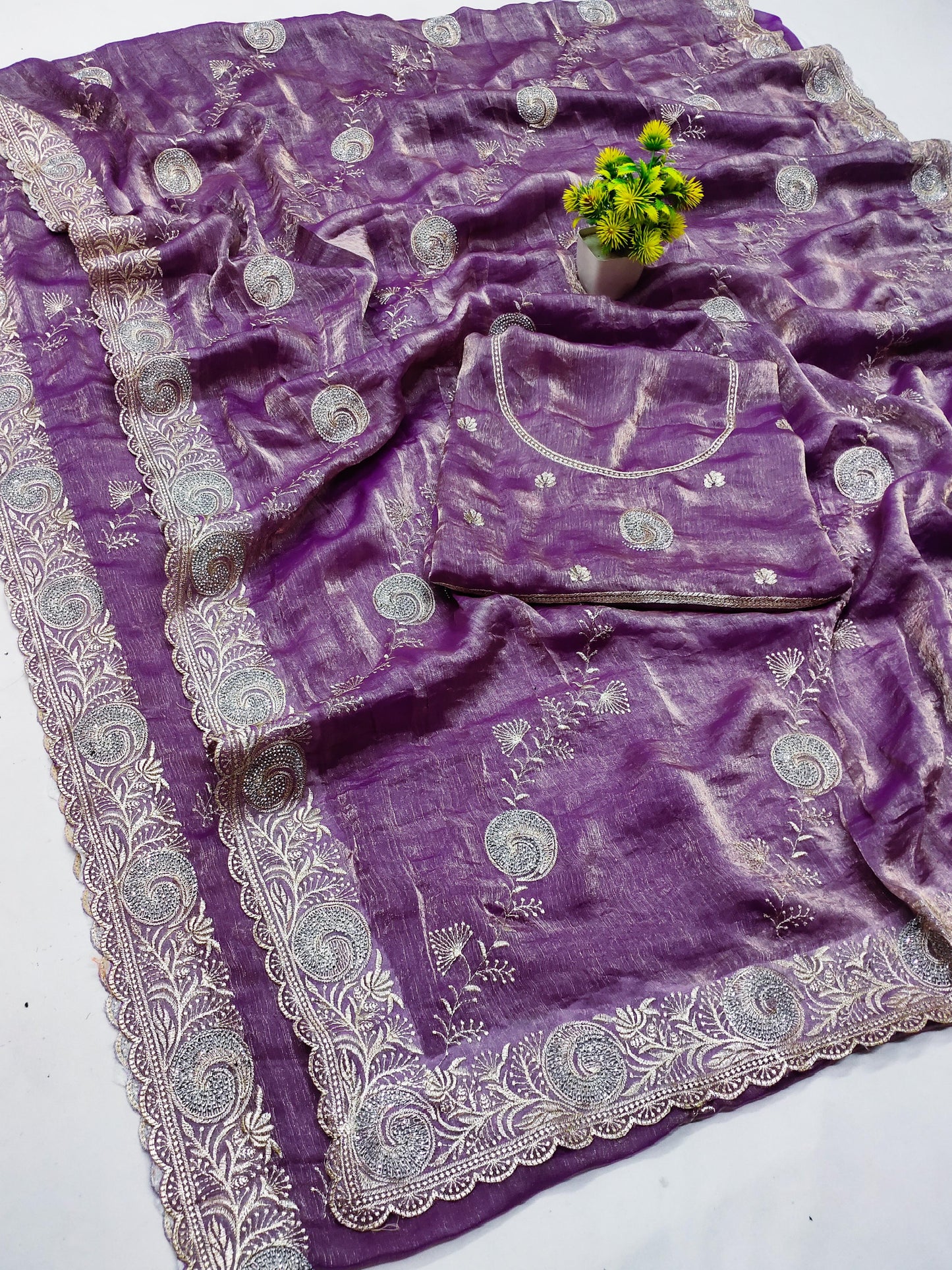 DF-AGRA FENDI CHIFFON SAREE WITH EMBORIDERY WORK WITH LAHERIA TOUCH UP WITH SIROSKI WORK AND HEAVY BLOUSE