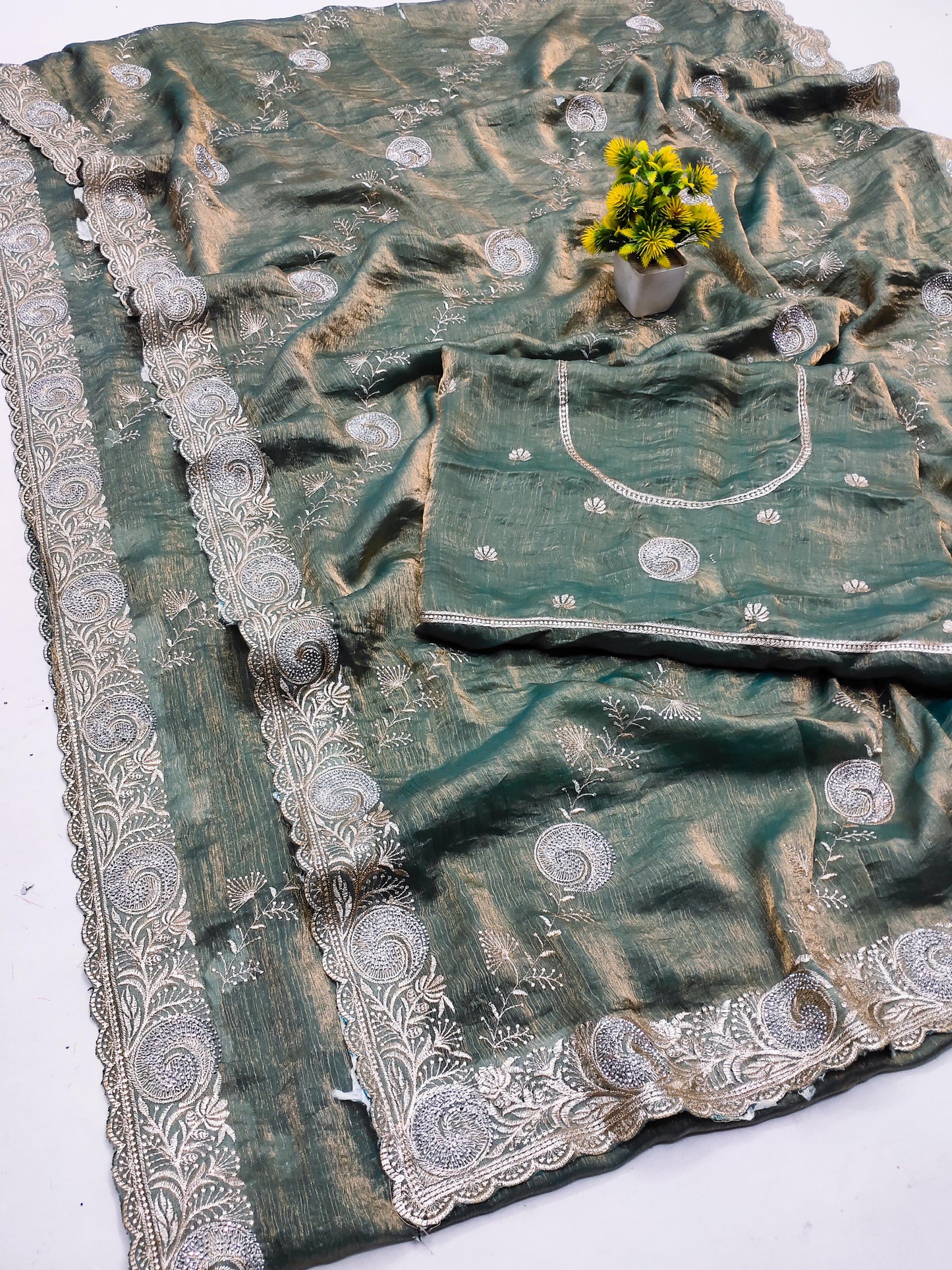 DF-AGRA FENDI CHIFFON SAREE WITH EMBORIDERY WORK WITH LAHERIA TOUCH UP WITH SIROSKI WORK AND HEAVY BLOUSE