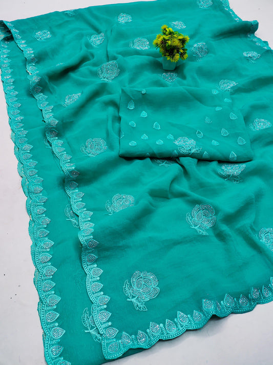 DF-RAFEL PREMIUM SIMMER SAREE WITH BEAITUFIL THREAD WORK WITH SIROSKI ON BORDER AND BUTHA WITH HEAVY BLOUSE