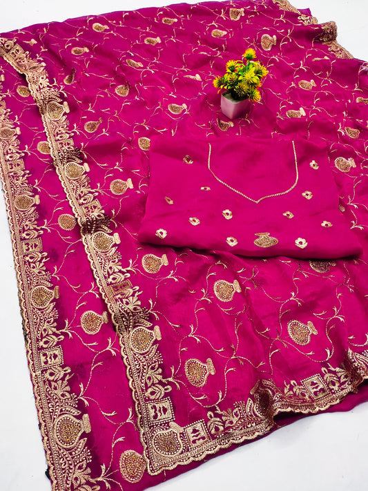 DF-MATKA MULMUL CHIFFON SAREE WITH BEAUTIFUL JHAL MATKA DESIGN ALL OVER HEAVY EMBORIDERY WORK WITH HEAVY BLOUSE