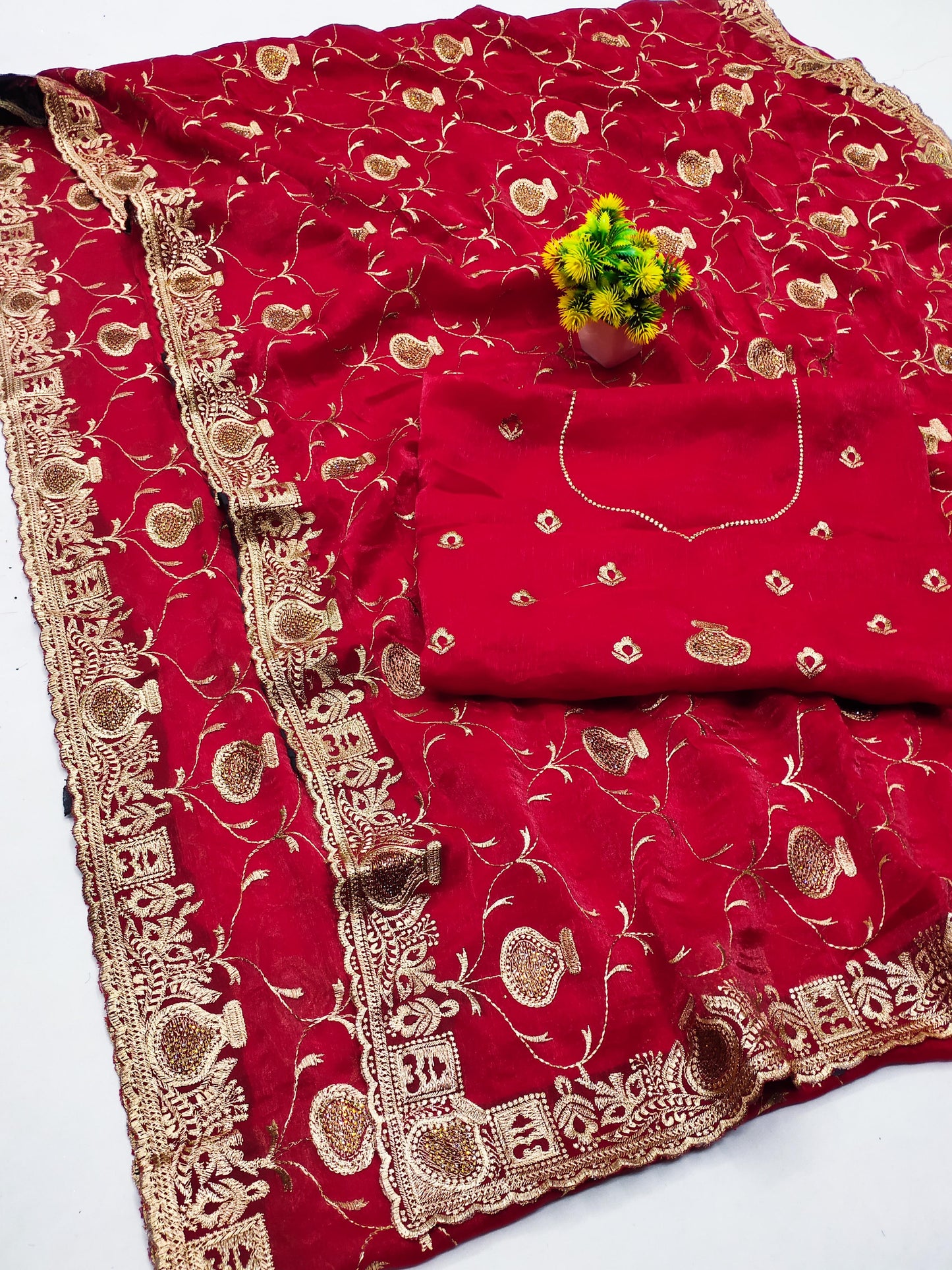 DF-MATKA MULMUL CHIFFON SAREE WITH BEAUTIFUL JHAL MATKA DESIGN ALL OVER HEAVY EMBORIDERY WORK WITH HEAVY BLOUSE