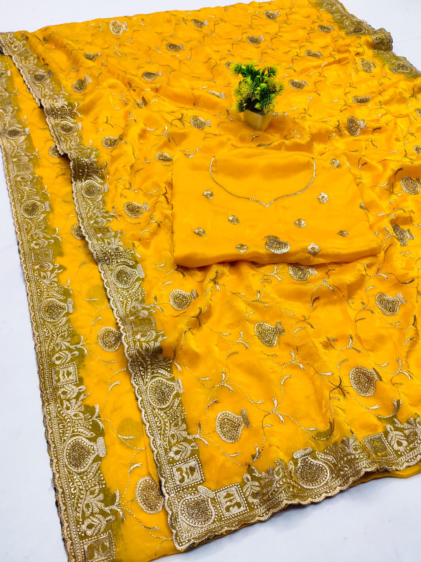 DF-MATKA MULMUL CHIFFON SAREE WITH BEAUTIFUL JHAL MATKA DESIGN ALL OVER HEAVY EMBORIDERY WORK WITH HEAVY BLOUSE