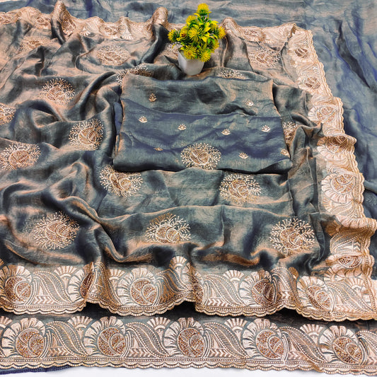 DF-RAGUNATH FENDI GOLD SAREE WITH BEAUTIFUL EMBORIDERY WORK CRAFTED WITH GOLD SIROSKI WORK WITH HEAVY BLOUSE