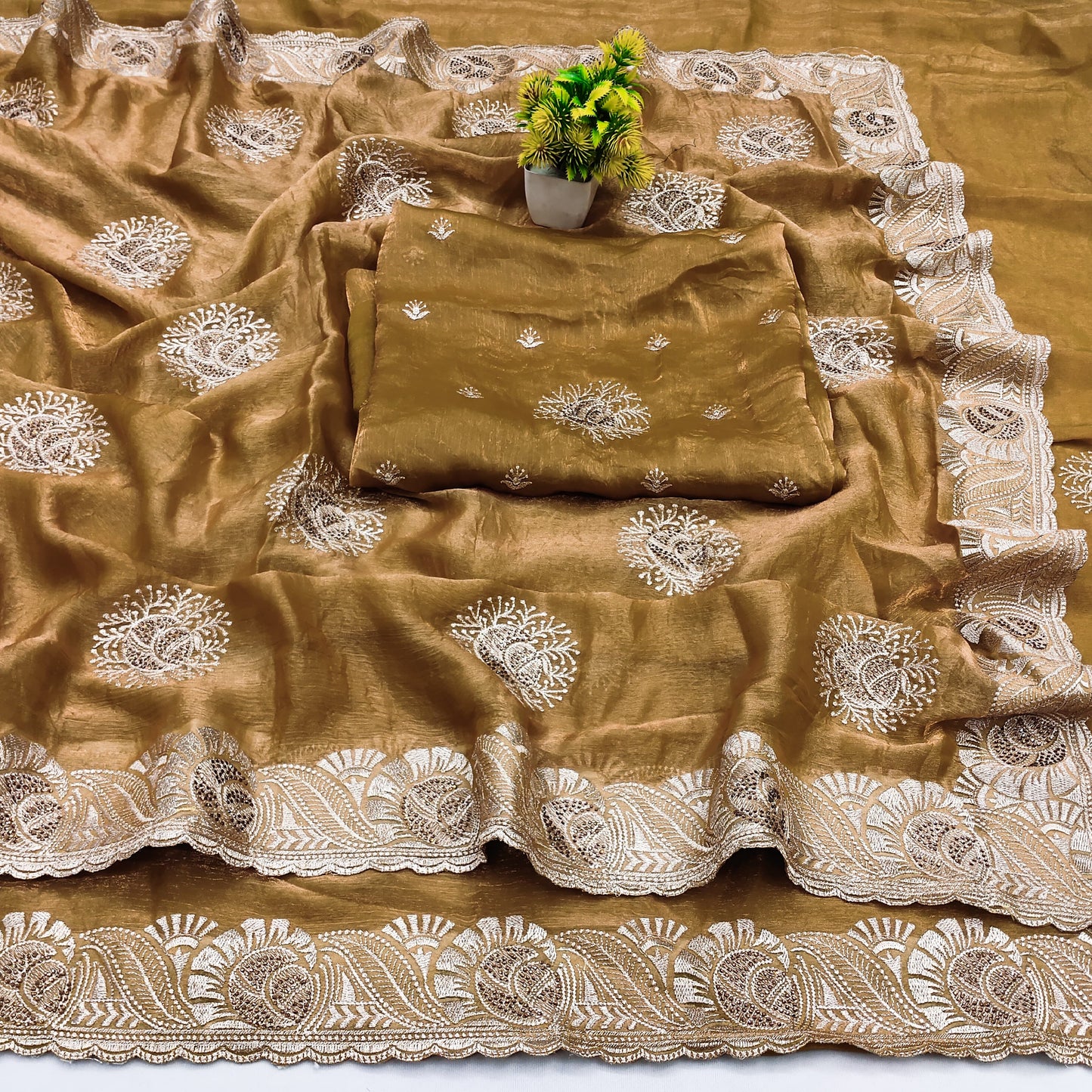 DF-RAGUNATH FENDI GOLD SAREE WITH BEAUTIFUL EMBORIDERY WORK CRAFTED WITH GOLD SIROSKI WORK WITH HEAVY BLOUSE