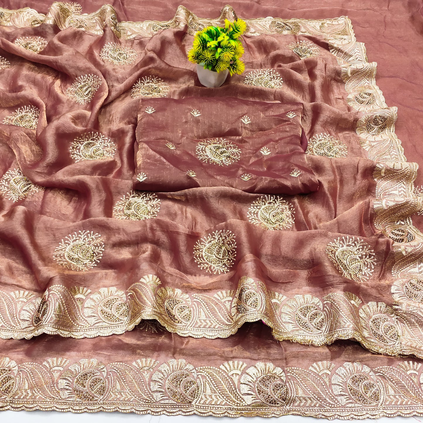 DF-RAGUNATH FENDI GOLD SAREE WITH BEAUTIFUL EMBORIDERY WORK CRAFTED WITH GOLD SIROSKI WORK WITH HEAVY BLOUSE