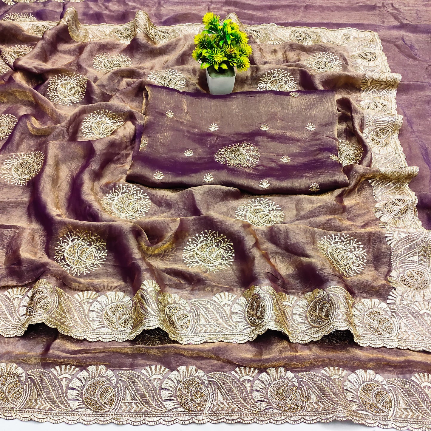 DF-RAGUNATH FENDI GOLD SAREE WITH BEAUTIFUL EMBORIDERY WORK CRAFTED WITH GOLD SIROSKI WORK WITH HEAVY BLOUSE