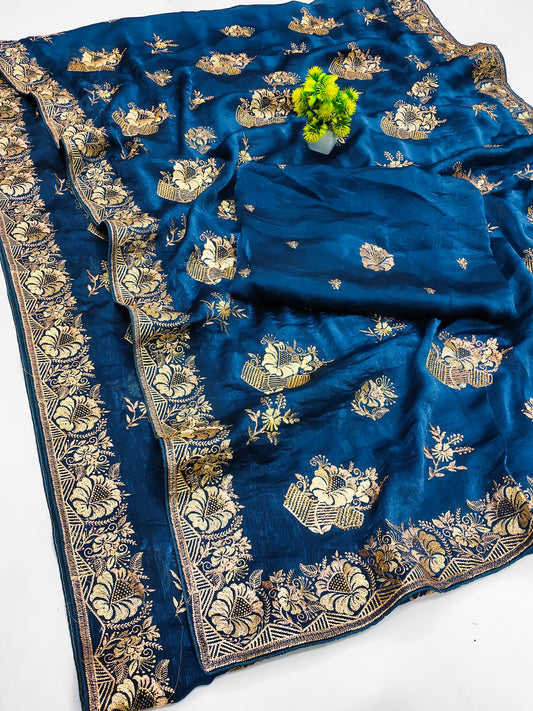 DF-HALDI FENDI CHIFFON SAREE WITH BEAUTIFULLY CRAFTED EMBROIDERY WORK WITH SIROSKI WORK AND HEAVY BLOUSE
