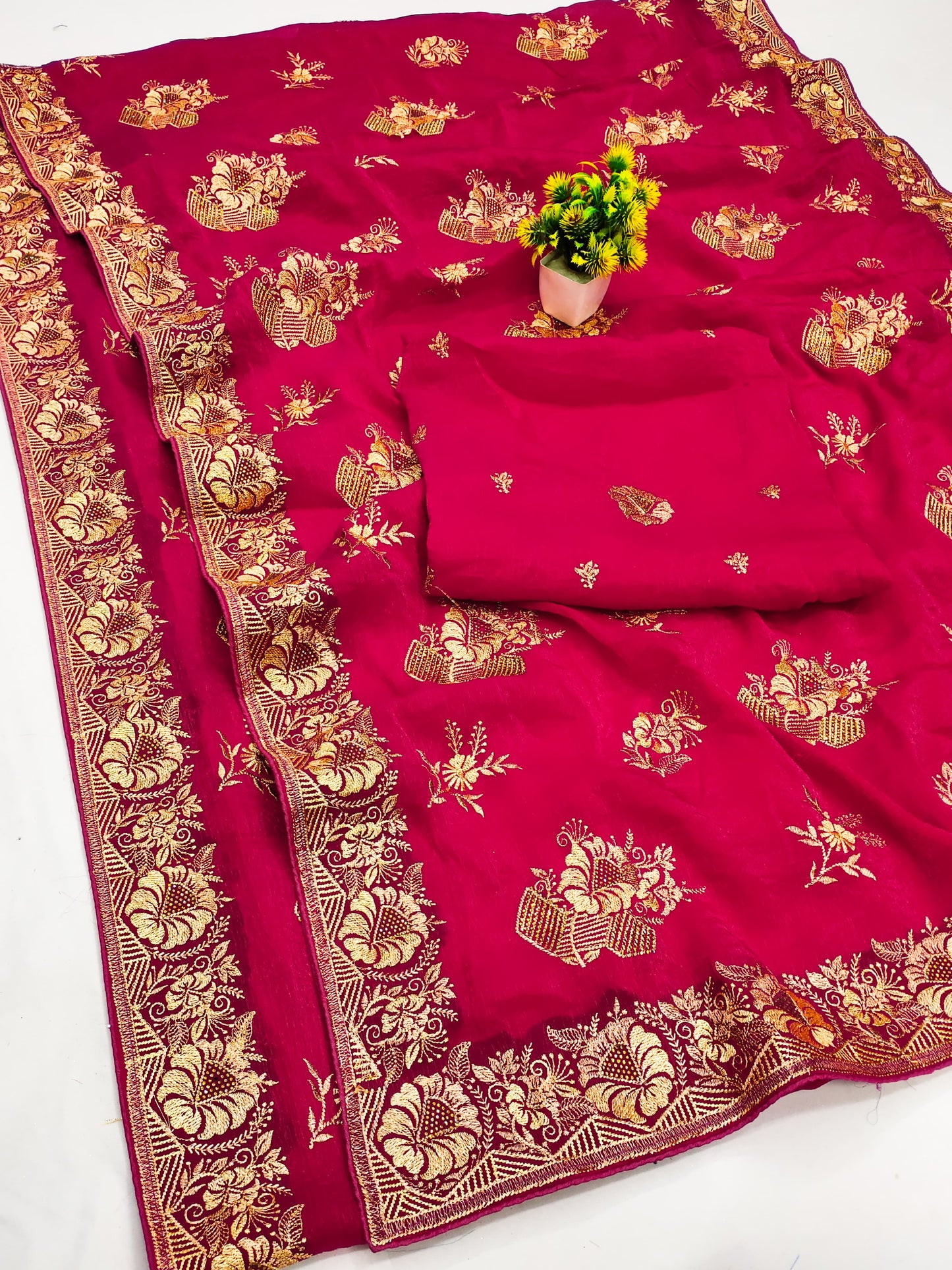 DF-HALDI FENDI CHIFFON SAREE WITH BEAUTIFULLY CRAFTED EMBROIDERY WORK WITH SIROSKI WORK AND HEAVY BLOUSE