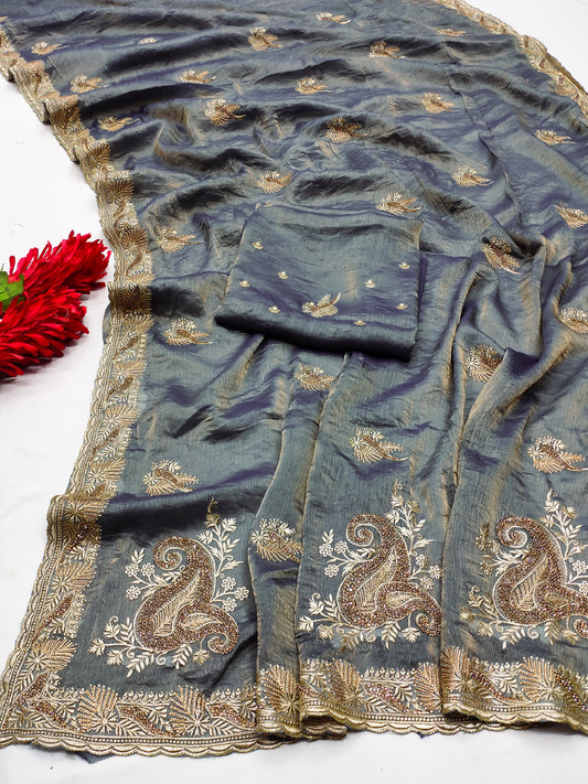 DF-DHARMA FENDI CHIFFON SAREE WITH HEAVY PALLU DESIGN WITH TWO TONE EFFECT WITH HEAVY BLOUSE