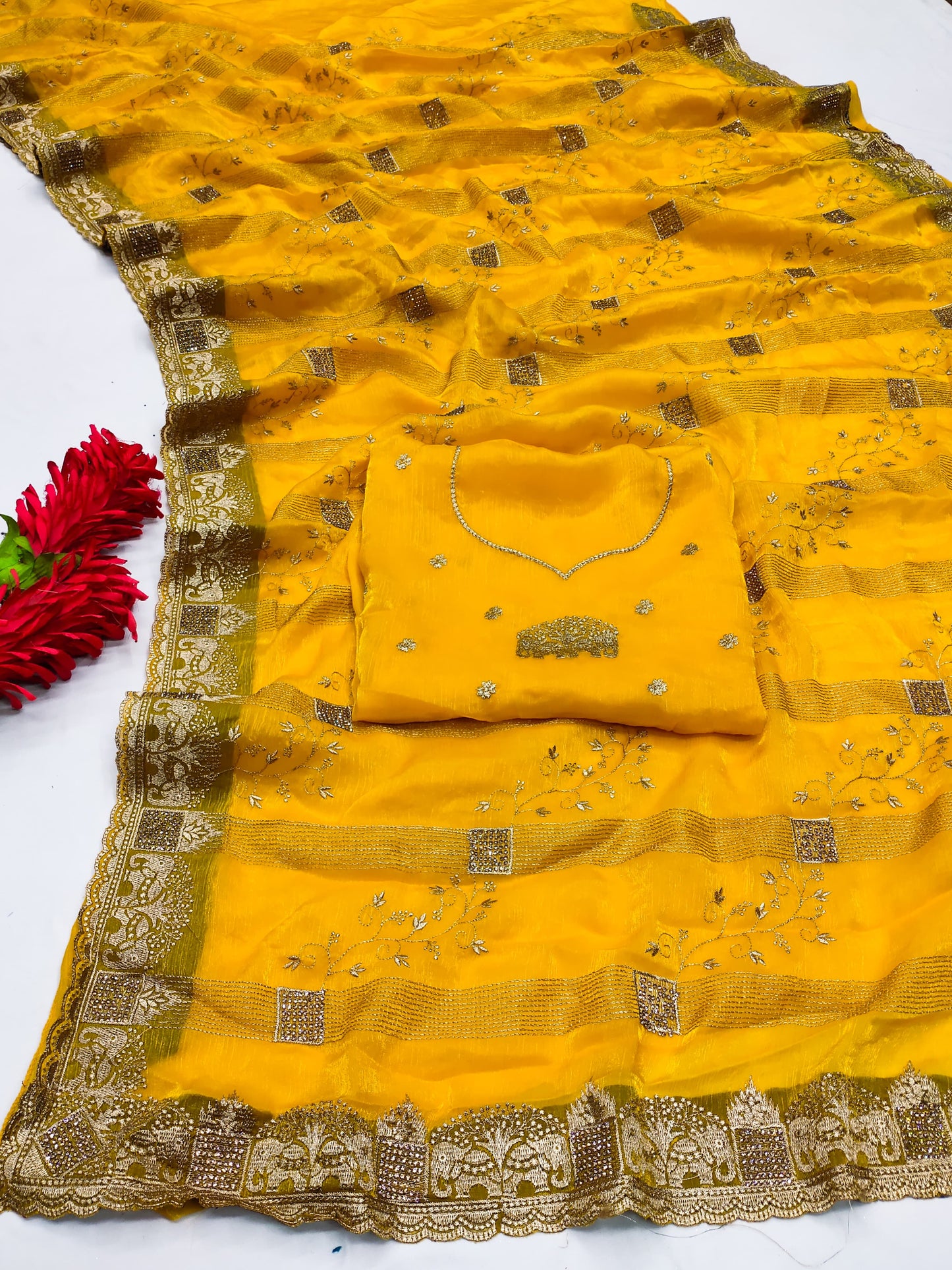 DF-SONPARI FENDI CHIFFON SAREE WITH BEAUTIFUL GAJRAJ BORDER WITH JHAL DESIGN ON BODY WITH HEAVY BLOUSE