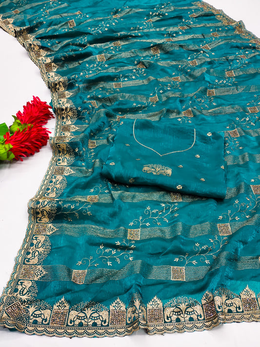 DF-SONPARI FENDI CHIFFON SAREE WITH BEAUTIFUL GAJRAJ BORDER WITH JHAL DESIGN ON BODY WITH HEAVY BLOUSE