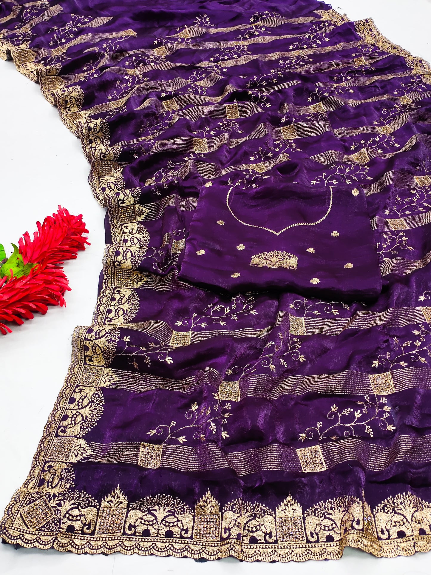 DF-SONPARI FENDI CHIFFON SAREE WITH BEAUTIFUL GAJRAJ BORDER WITH JHAL DESIGN ON BODY WITH HEAVY BLOUSE
