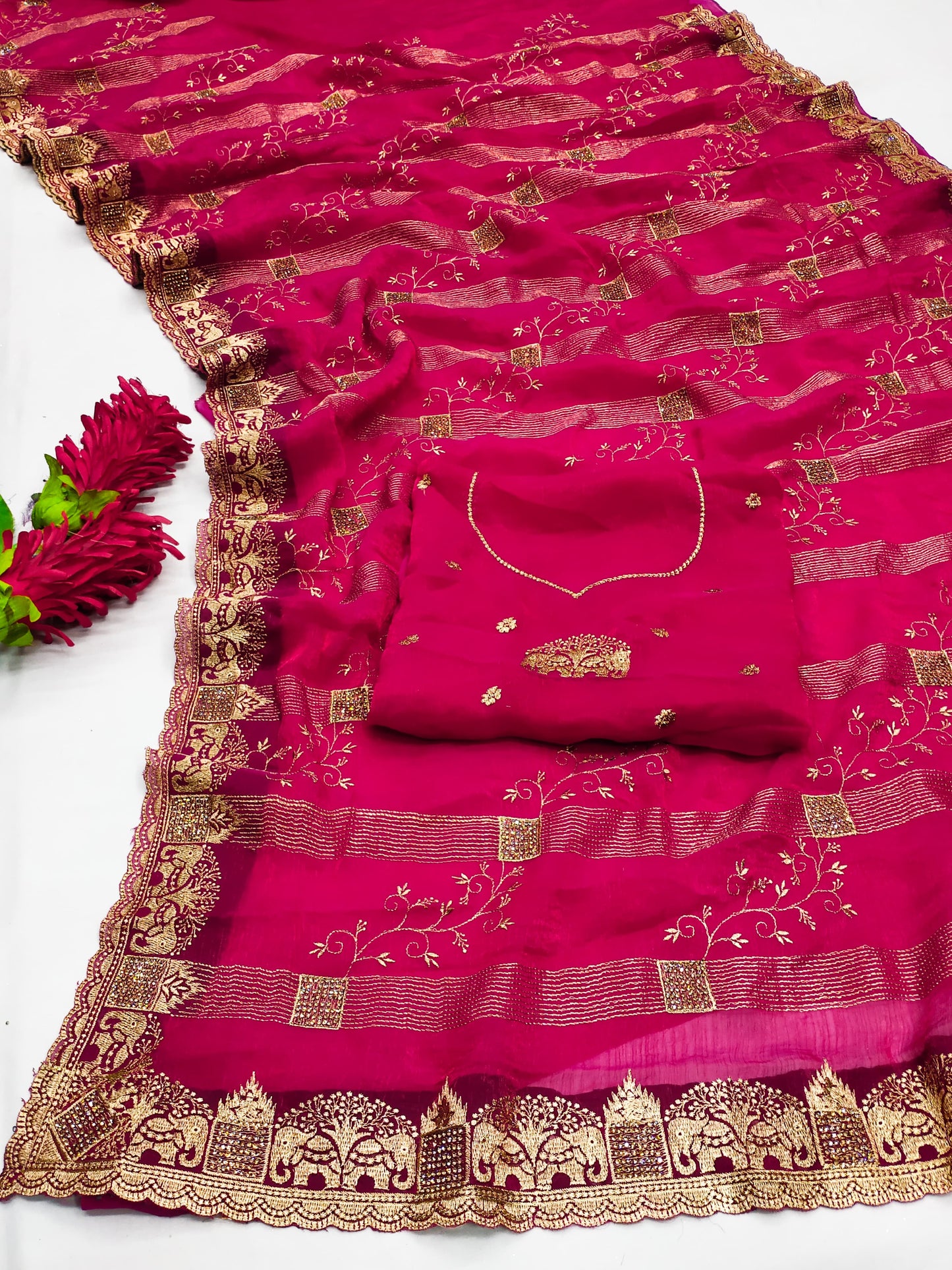 DF-SONPARI FENDI CHIFFON SAREE WITH BEAUTIFUL GAJRAJ BORDER WITH JHAL DESIGN ON BODY WITH HEAVY BLOUSE